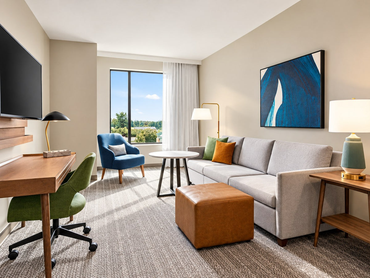 Hotel lobby lounge with Eaton sofa, barrel chairs and side tables
