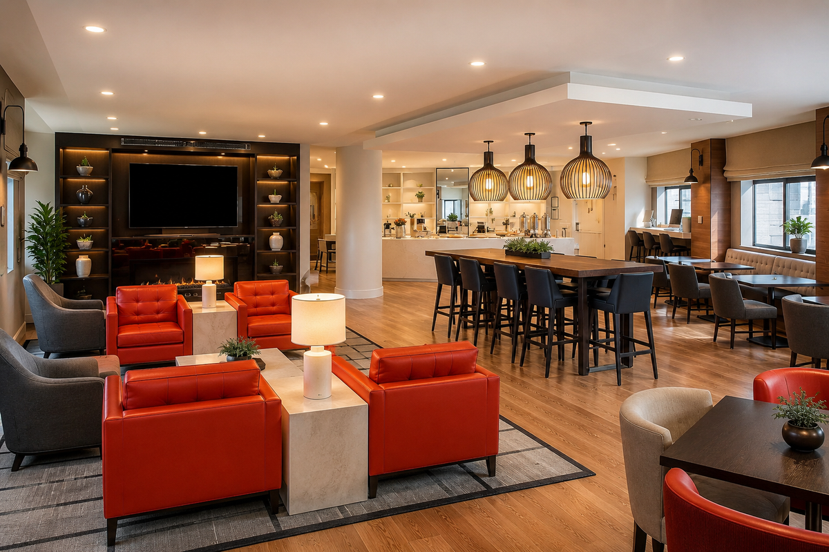 Hotel lounge and bar with Eaton red leather club chairs and bar stools